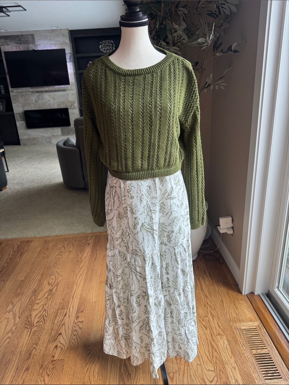 Olive Green Knit Crop Sweater with White Botanical Maxi dress